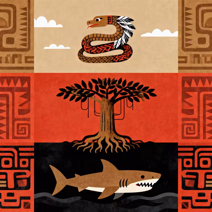 An artistic illustration of the Olmec cosmos, showing the sky world, the earthly plane, and the watery underworld.