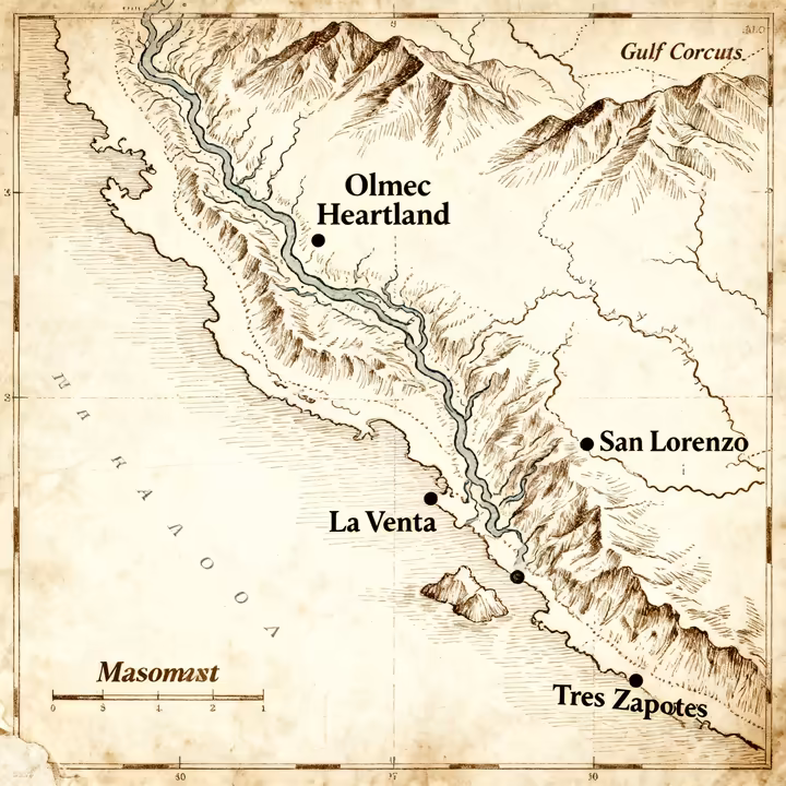 A map of Mesoamerica highlighting the Olmec heartland on the Gulf Coast of Mexico, showing the locations of San Lorenzo and La Venta.