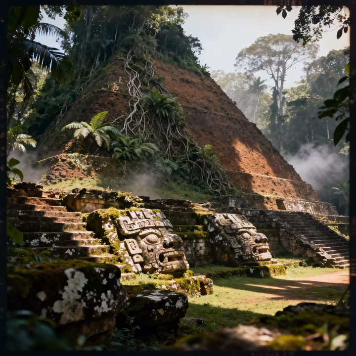The overgrown ruins of an Olmec ceremonial center, with earthen mounds and stone monuments partially reclaimed by the dense jungle.