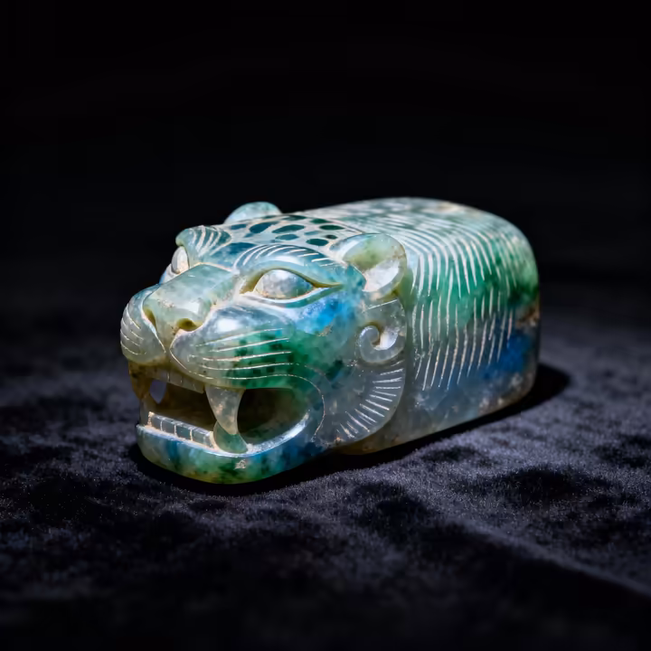 A finely carved Olmec ceremonial celt made of jade, depicting the iconic were-jaguar with its snarling mouth and almond-shaped eyes.