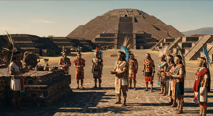 Aztecs showing reverence for the ruins of Teotihuacan.
