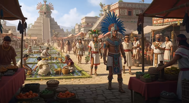 A scene depicting daily life in Tenochtitlan.