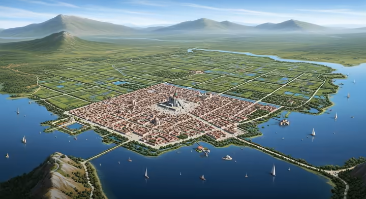 An artist's rendering of the marvel of Tenochtitlan on the lake.