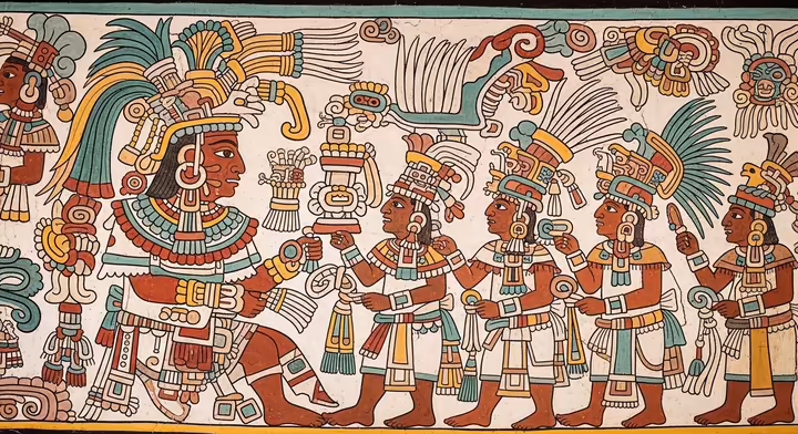 A colorful Teotihuacan mural showing symbolic figures.