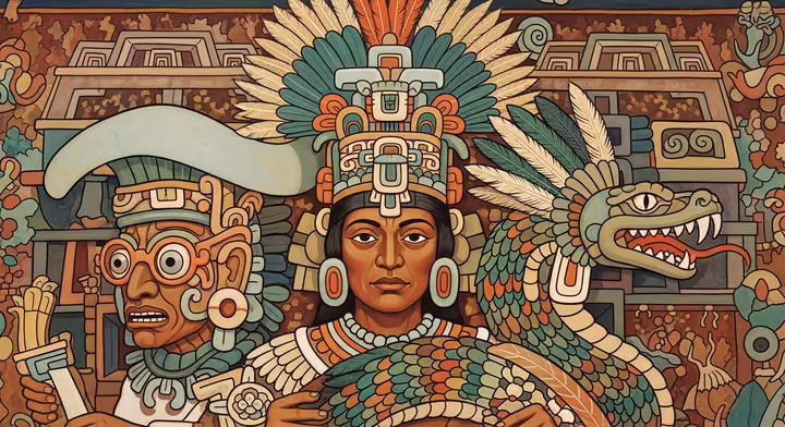 Stone carvings representing the pantheon of gods at Teotihuacan.