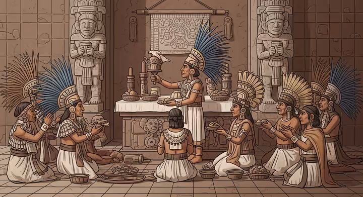 An Aztec ritual ceremony with priests and offerings.